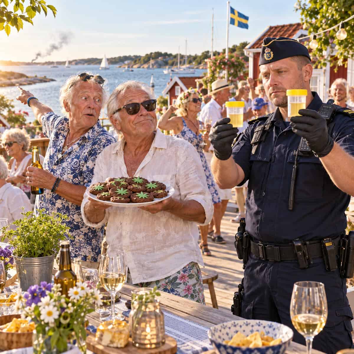 Kärlek i kakorna och cannabis i koppen när pensionärsfesten slutade med pissprovsmuggar…